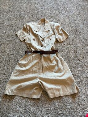 Vintage 1980’s Woven Short-Sleeve Romper with Belt - Cream